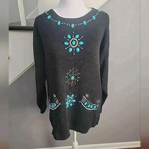Vintage Le Chois Sweater Southwest Style Turquoise And Silver Beading Ramie S